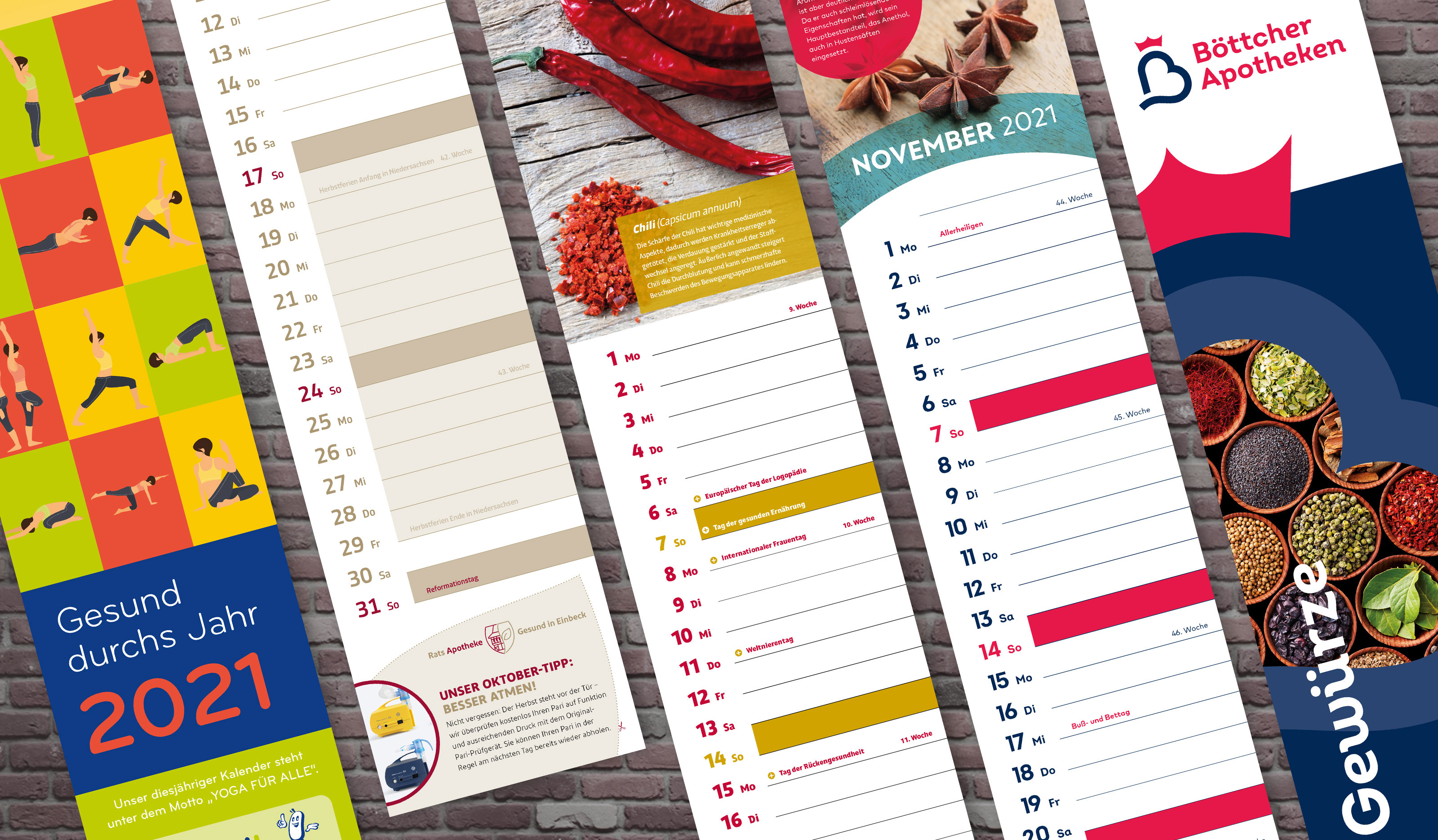 Individuell gestaltete Apothekenkalender mit Bildern, Rätseln, Rabatt-Coupons